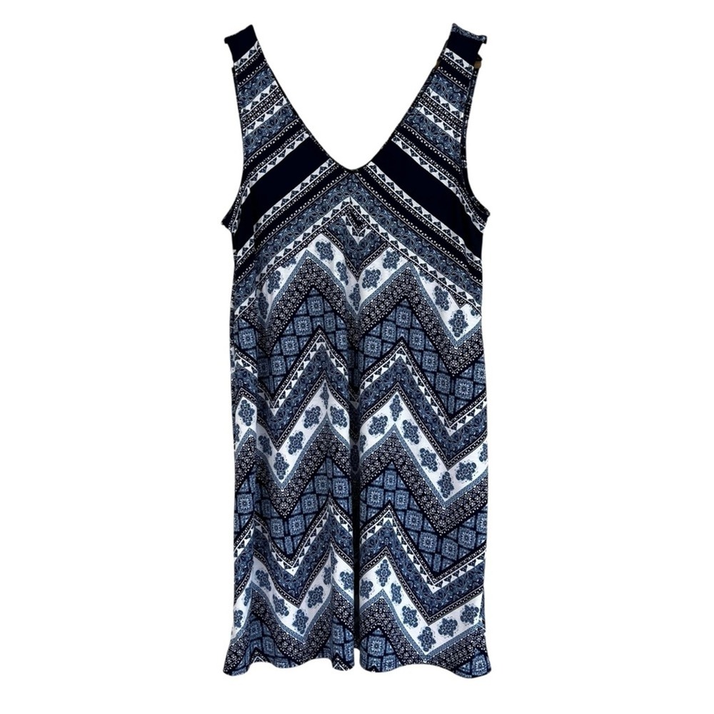 Three Pink Hearts Mini Dress Womens L Blue White Sleeveless Beachy Mediterranean